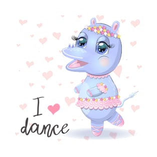 hand drawn cartoon hippo with bright expressive eyes dancing ballet in a tutu. dancing animals.Children's illustration T-Shirt