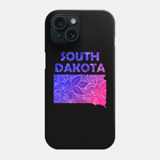 Colorful mandala art map of South Dakota with text in blue and violet Phone Case