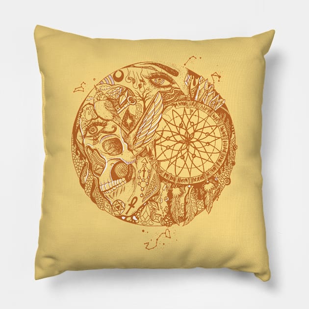 Terracotta Skull and Dreamcatcher Circle Pillow by kenallouis