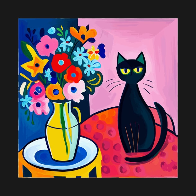 Black Cat in Still Life Painting with Flowers in Vase by bragova
