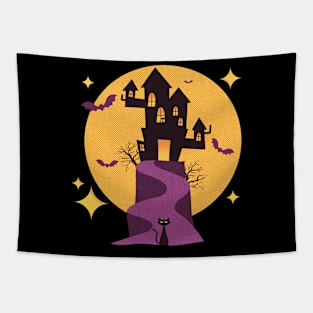 Spooky Haunted House with Mid Century Modern Cats for Halloween Tapestry