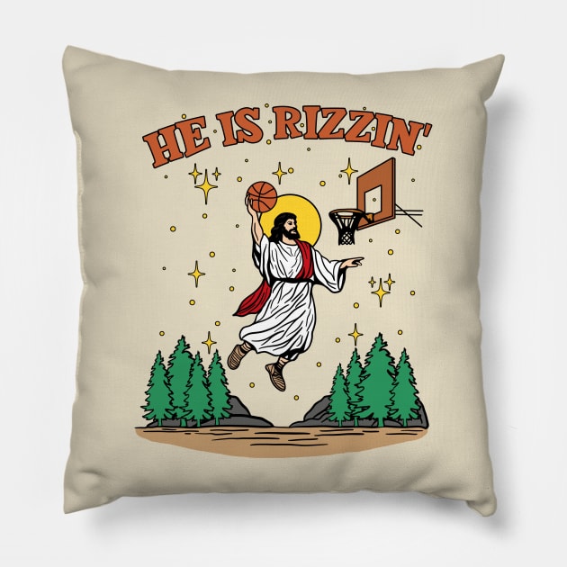 He is Rizzin Funny Easter Jesus Playing Basketball Meme Pillow by maddude