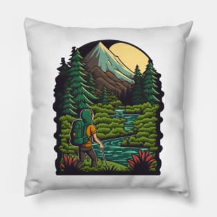 Cute hiker on a mountain trail - Sustainable fashion for the future Pillow