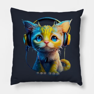 Cute kitty with headphones on Pillow