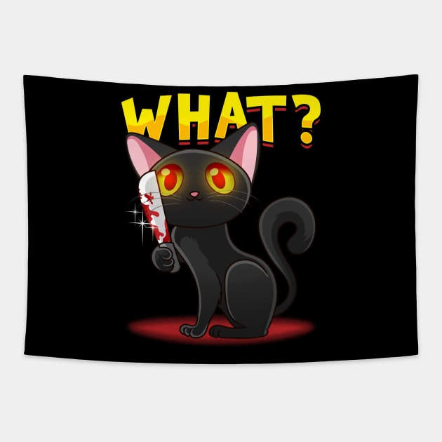 Cat What? Funny Black Cat With Knife Tapestry by aneisha