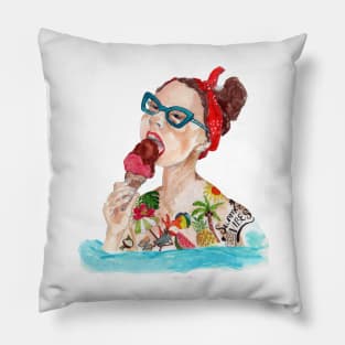 Summer vibes. Hand painted design in watercolor and color pencils Pillow