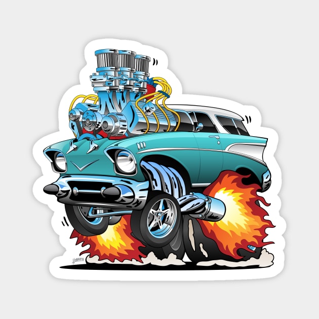 Classic Fifties Hot Rod Muscle Car Cartoon Magnet by hobrath