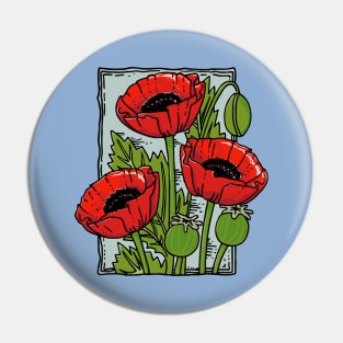 Poppies, Vintage style flower stamp (colored) Pin