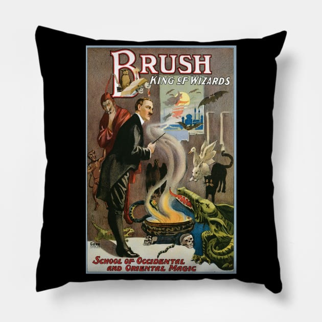 Vintage Magic Poster Art, Brush, King of Wizards Pillow by MasterpieceCafe