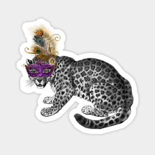 Mardi Gras Vintage Snow Leopard with Mask and Feather Magnet