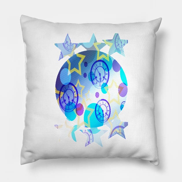 Stars, Clocks, and Circles (Blue) Pillow by RoxanneG