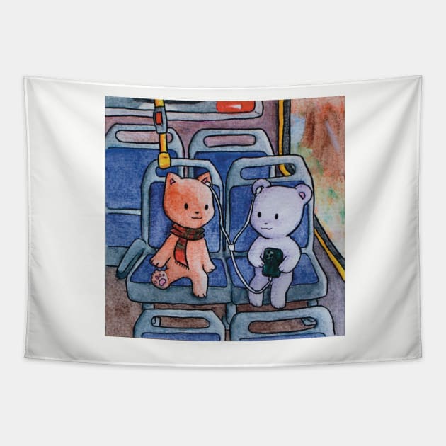 kitten and teddy bear listening to music in the bus illustration Tapestry by maoudraw