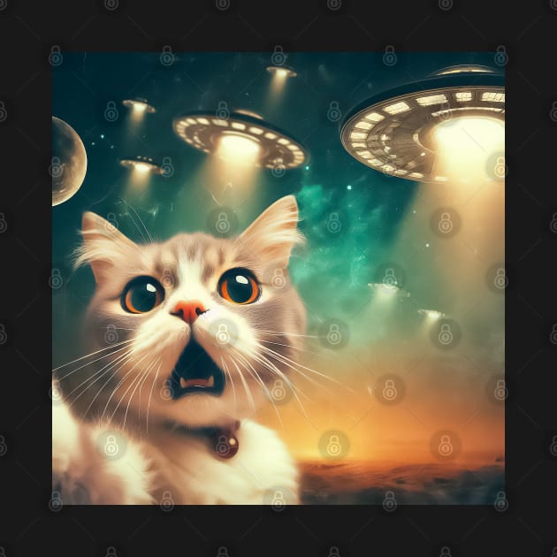 Funny Cat selfie with UFO by TomFrontierArt