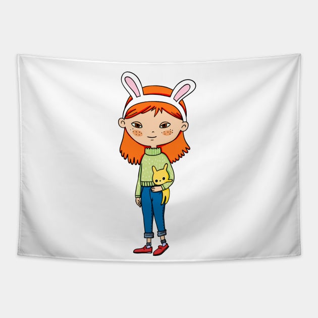 Cute girl with rabbit ears Tapestry by InshynaArt