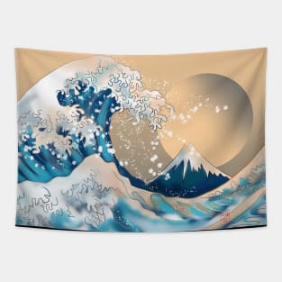 Wave off Kanagawa with a brown new moon Tapestry