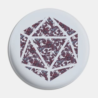 Dark Vampire Blue and Red Gradient Rose Vintage Pattern Silhouette D20 - Subtle Dungeons and Dragons Design Pin