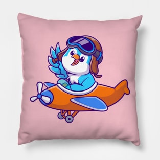 Cute Bird Riding Airplane Cartoon Pillow