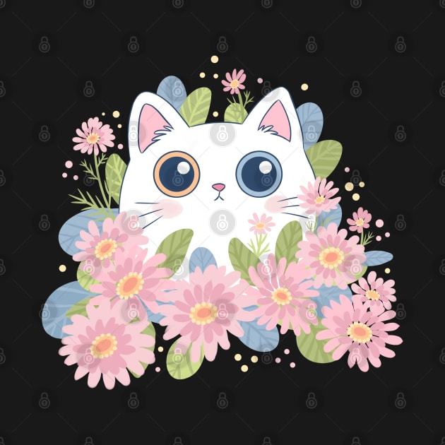 Cute white cat surrounded by pink flowers art by YaraGold