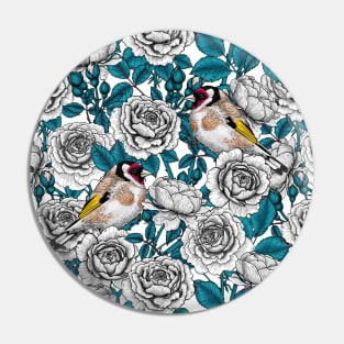 White rose flowers and goldfinch birds Pin