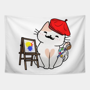 Funny white cat is a painter Tapestry