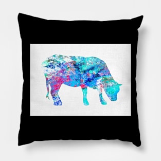 Color Splash Cow Art In Blue Pillow