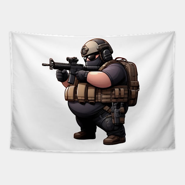 Tactical Fatman Tapestry by Rawlifegraphic