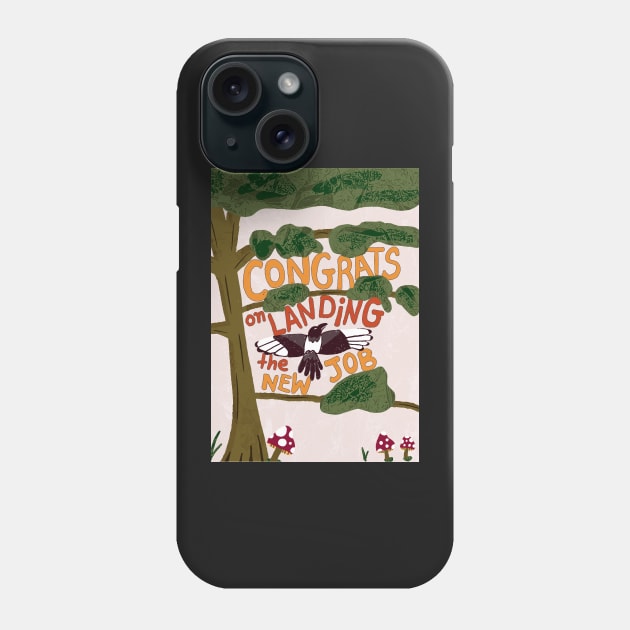 Congrats on Landing the New Job with flying magpie jackdaw raven bird and fly agaric mushrooms - green, yellow Phone Case by Ipoole