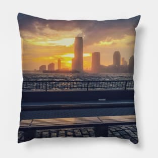 Sunset Skyline Street Lamp Bench Battery Park New York City Pillow