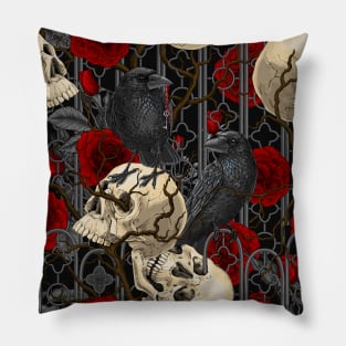 Raven's secret. Dark and moody gothic illustration with human skulls and roses Pillow