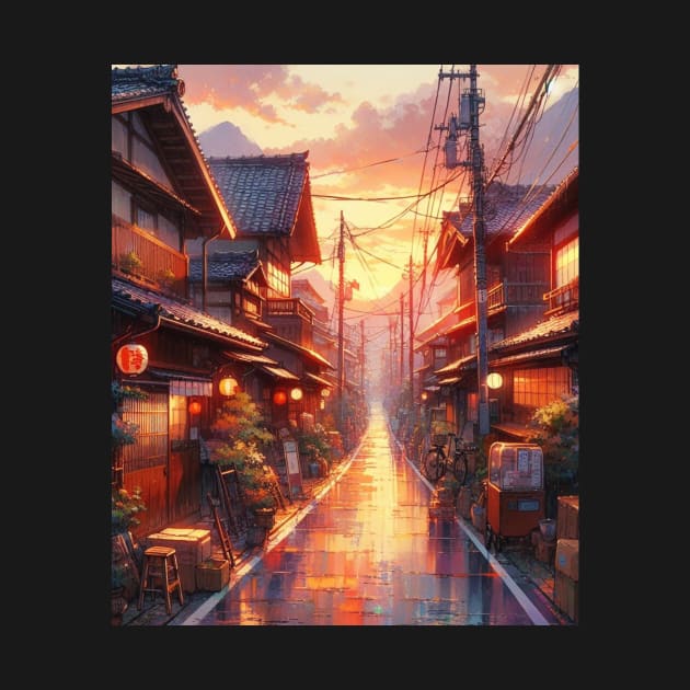 A Japanese Native Road Before Sunset - Anime Drawing by AnimeVision