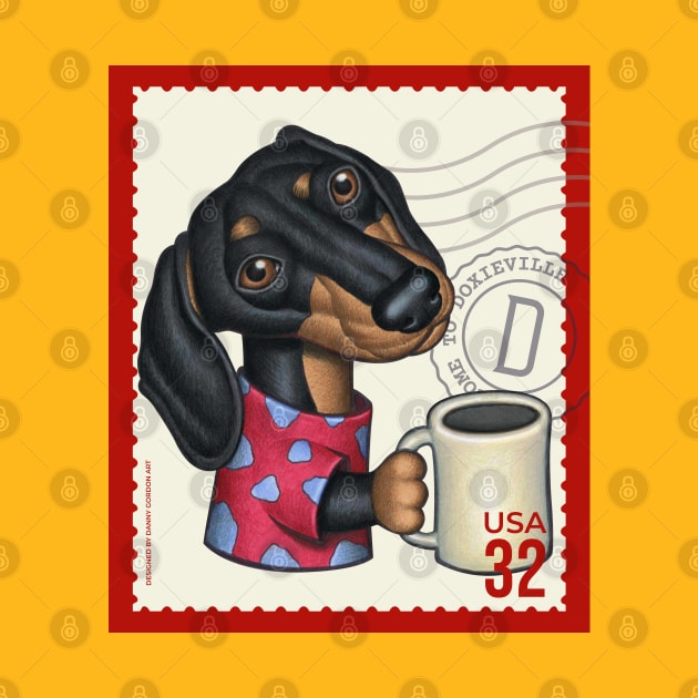 Funny Sausage Doxie dog drinking a cup of coffee by Danny Gordon Art