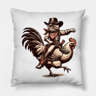 Meowdy Cowboy Cat Riding Chicken Pillow