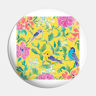 Cute chinoiserie inspired birds and flowers on yellow Pin