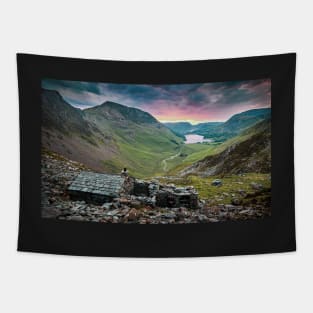 Stone Hut with Valley View in Mountains Tapestry