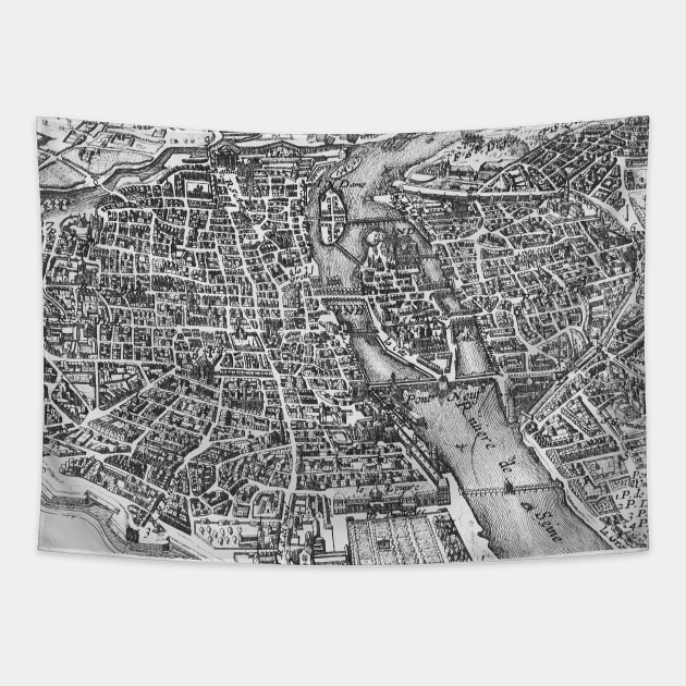 Vintage Pictorial Map of Paris (17th Century) Tapestry by Bravuramedia