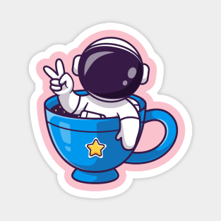 Cute Astronaut In Mug With Peace Hand Cartoon Magnet