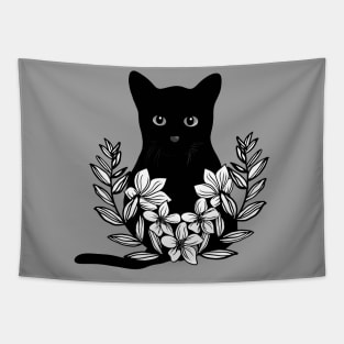 Beautiful black cat with flowers Tapestry