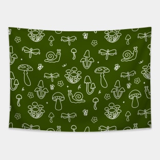 Mushrooms Pattern and Forest Creatures Moss Green Tapestry