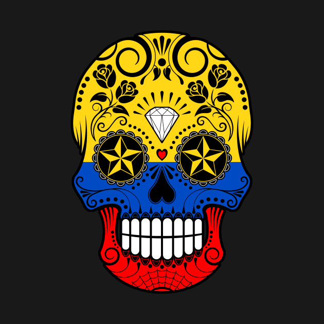 Colombian Flag Sugar Skull with Roses - Colombia - T-Shirt ...