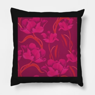 Fantastic pink tulips in a flowing pattern on a purple background Pillow