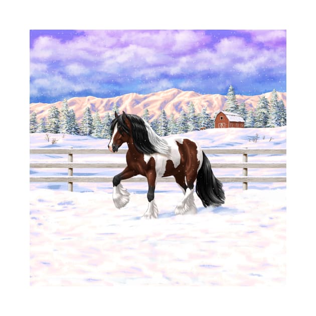 Bay Brown Pinto Skewbald Gypsy Vanner Draft Horse Trotting in Snow by csforest