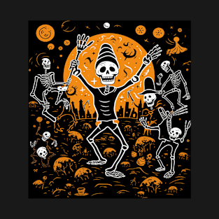 Skeleton Shuffle: A Playful Halloween Delight for Art Enthusiasts T-Shirt