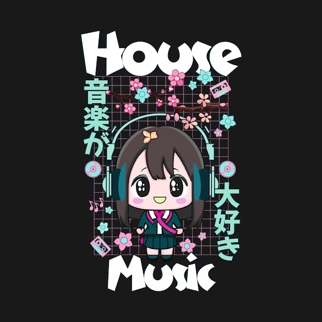 HOUSE MUSIC - Cute Kawaii Character (White/teal/pink) by DISCOTHREADZ 