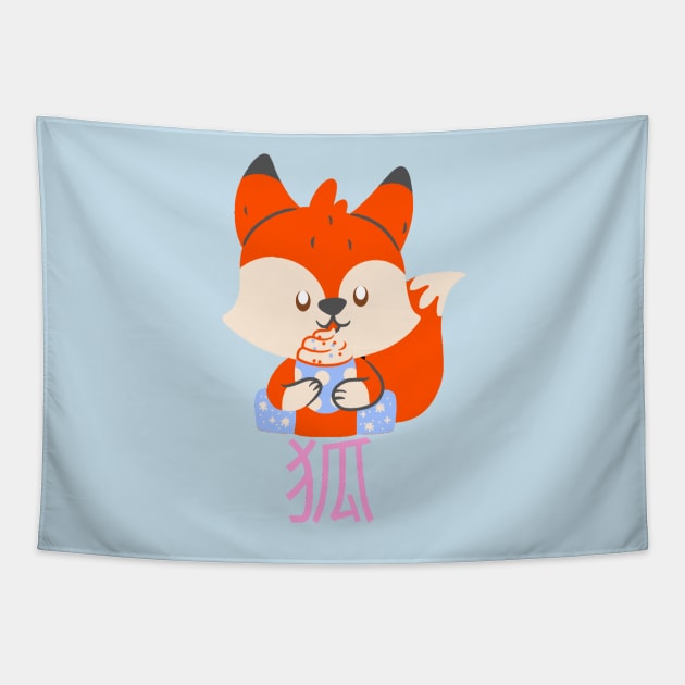 Kawaii japanese fox Tapestry by LukjanovArt