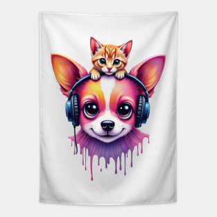 Cute dog with headphones and a cute cat on his head for both cat and dog lovers Tapestry