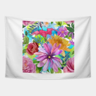 Tropical flowers watercolor print. Hibiscus, Peony, Star Magnolia, Chrysanthemum flowers. Colorful summer jungle Tapestry