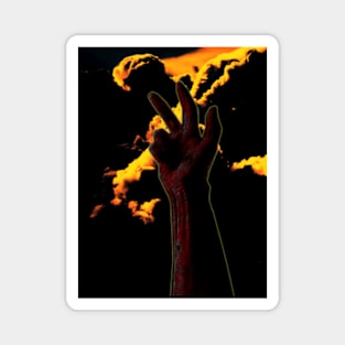 Digital collage and special processing. Hand near clouds. Holy trinity hand gesture. Yellow and orange clouds. Red hand. Magnet