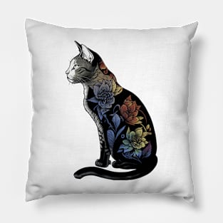 Vibrant Lotus Cat - Black and White Feline with Colorful Flower Design Pillow