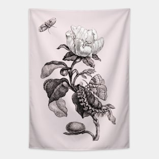 White Rose Flower with Butterflies. Vintage Botanical Illustration Tapestry