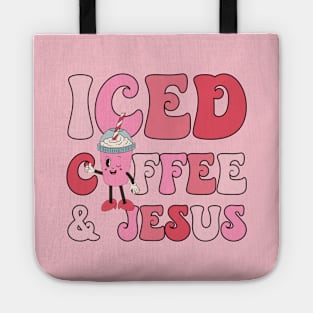 Pink Christmas Iced Coffee and Jesus Funny Retro Xmas Coffee Lover Tote